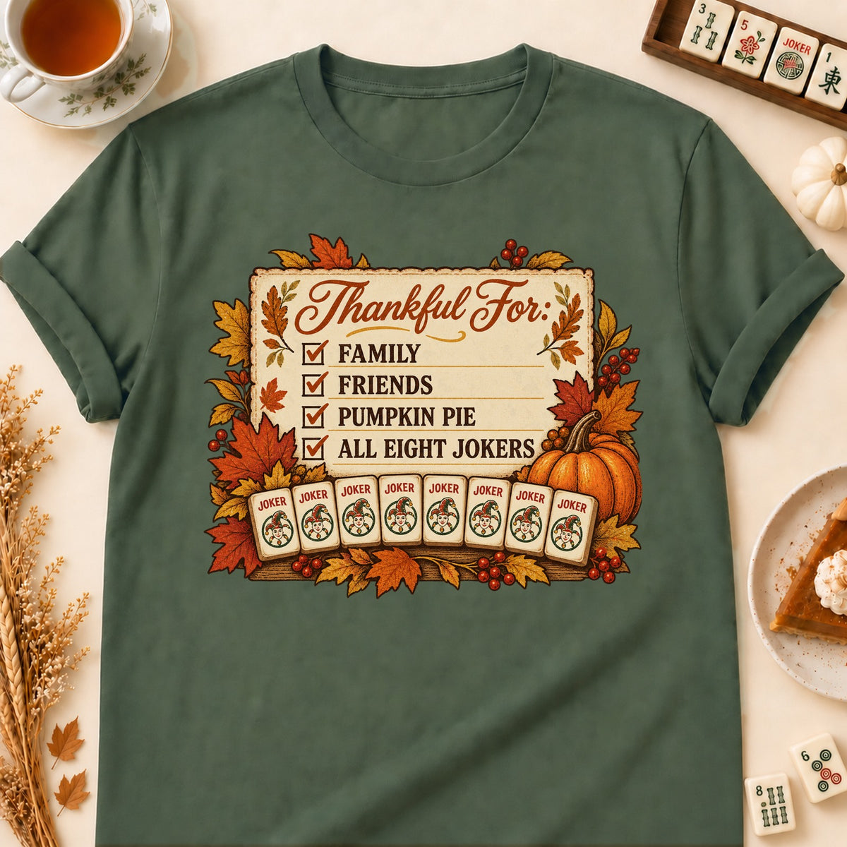 Thankful For mahjong T-shirt in Military Green, laid flat. [bb c=military-green r=flat]