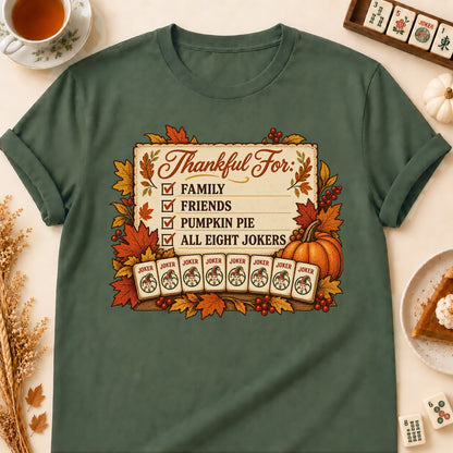 Thankful For mahjong T-shirt in Military Green, laid flat. [bb c=military-green r=flat]