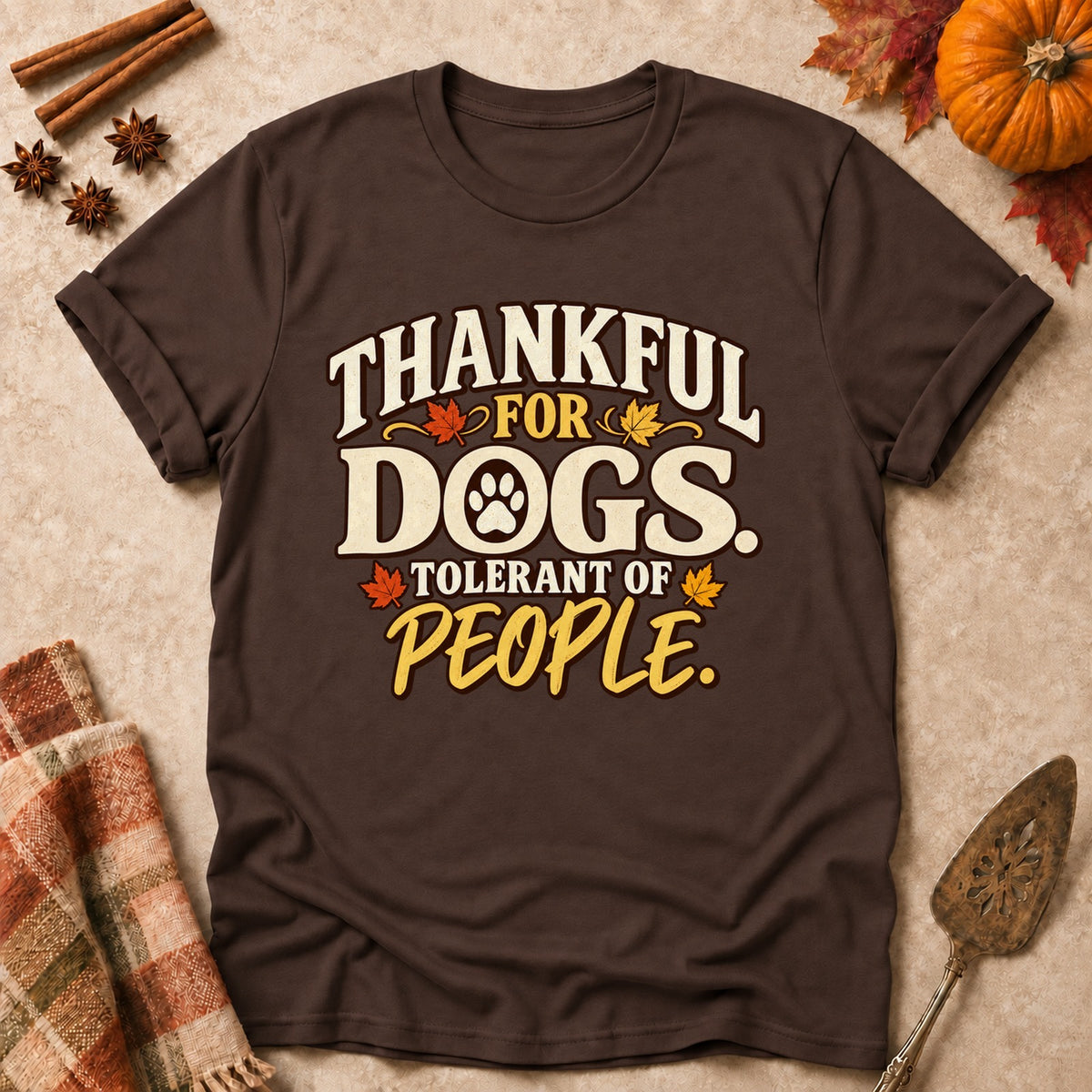 Goodwill To Dogs dog mom T-shirt in Dark Chocolate, laid flat. [bb c=dark-chocolate r=flat]