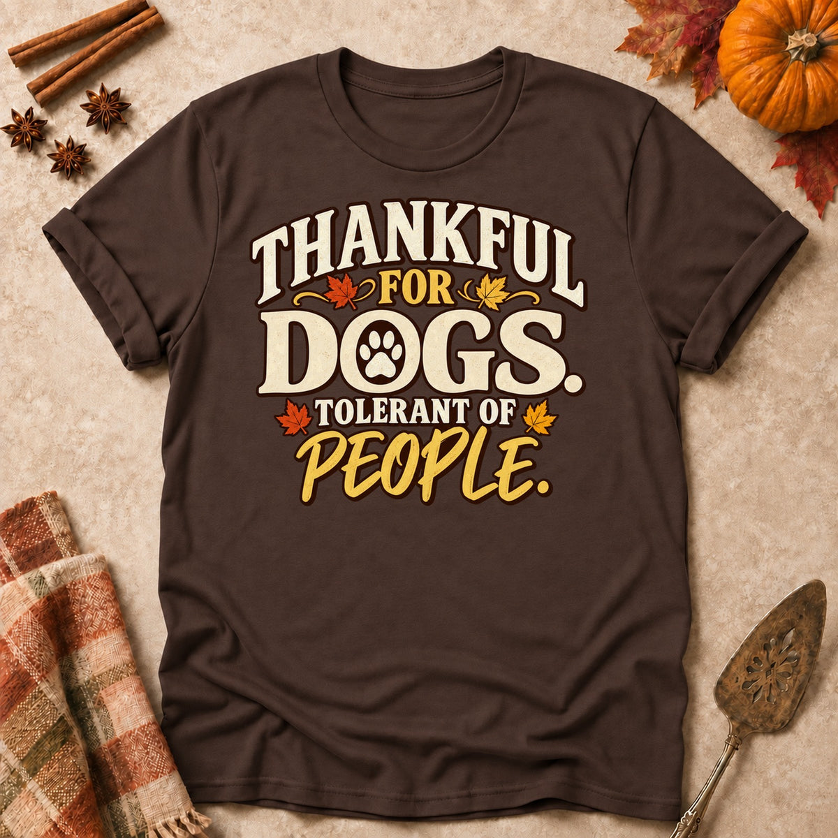 Goodwill To Dogs dog mom T-shirt in Dark Chocolate, laid flat. [bb c=dark-chocolate r=flat]