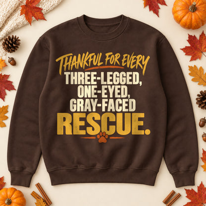 Thankful For Every Rescue sweatshirt in Dark Chocolate, laid flat. [bb c=dark-chocolate r=flat]