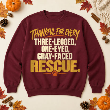 Thankful For Every Rescue sweatshirt in Maroon, laid flat. [bb c=maroon r=flat]
