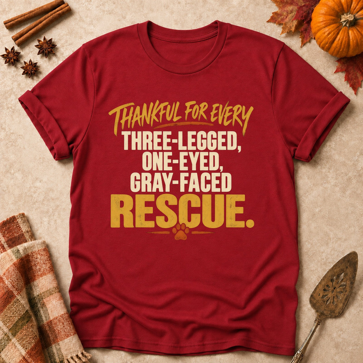 Thankful For Every Rescue dog mom T-shirt in Cardinal Red, laid flat. [bb c=cardinal-red r=flat]