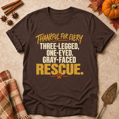 Thankful For Every Rescue dog mom T-shirt in Dark Chocolate, laid flat. [bb c=dark-chocolate r=flat]