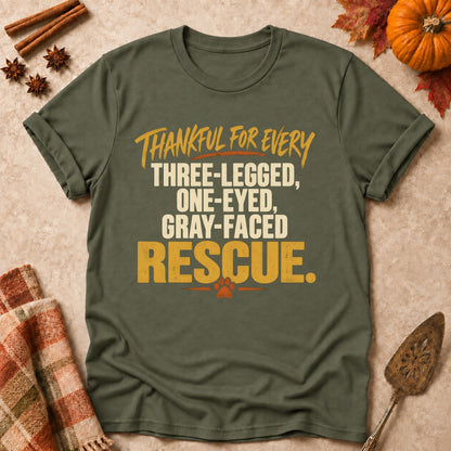 Thankful For Every Rescue dog mom T-shirt in Military Green, laid flat. [bb c=military-green r=flat]