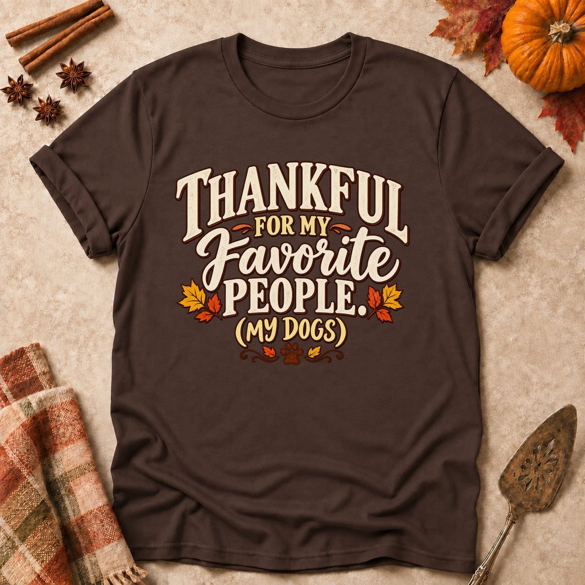 My Favorite People dog mom T-shirt in Dark Chocolate, laid flat. [bb c=dark-chocolate r=flat]