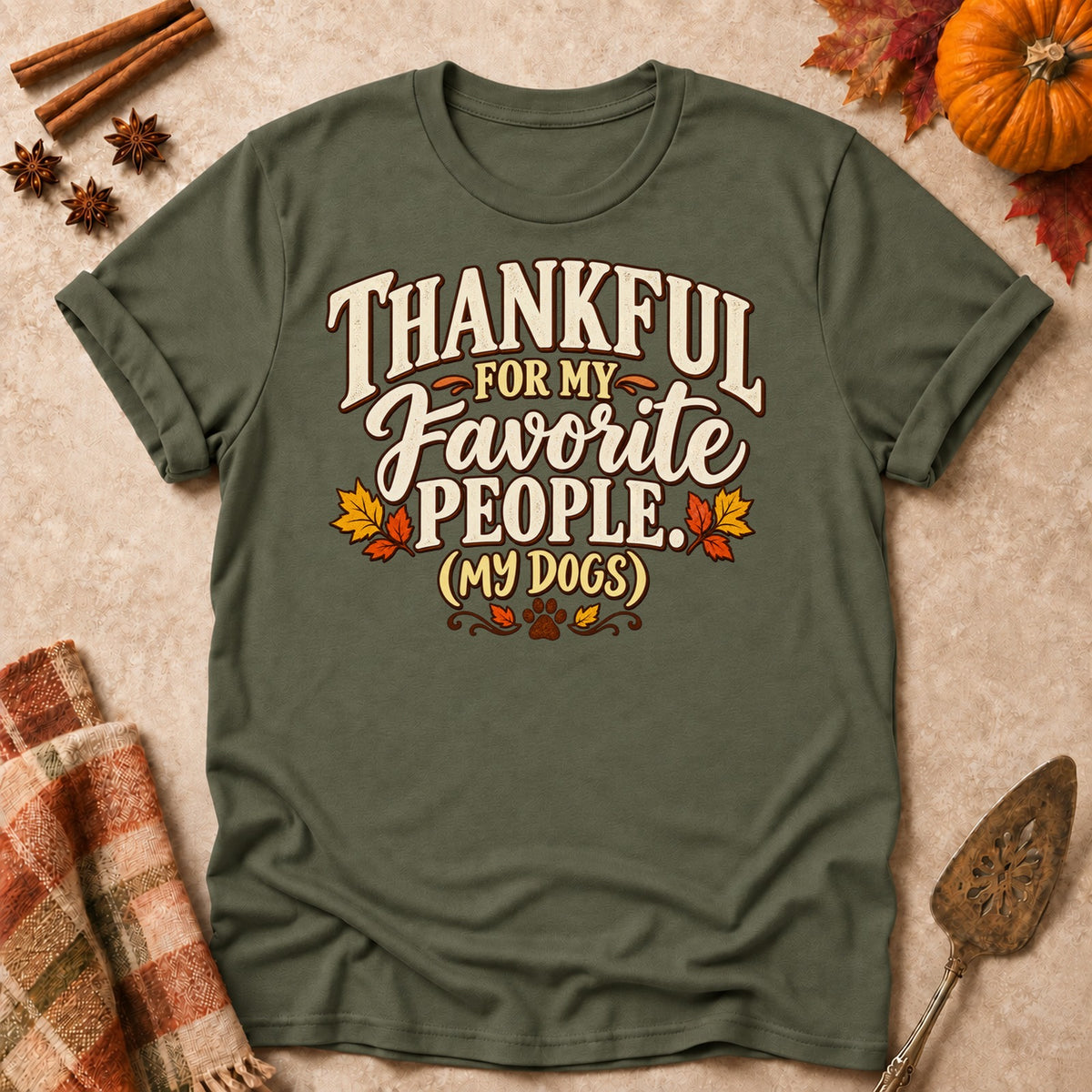 My Favorite People dog mom T-shirt in Military Green, laid flat. [bb c=military-green r=flat]