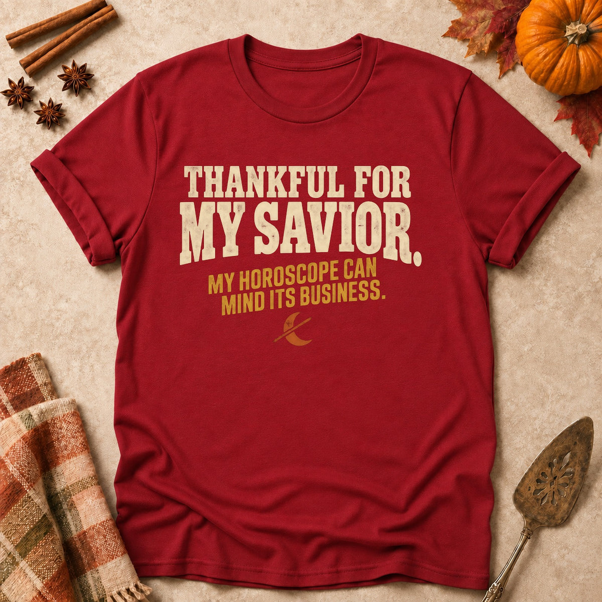 My Horoscope Can Mind Its Business faith T-shirt in Cardinal Red, laid flat. [bb c=cardinal-red r=flat]