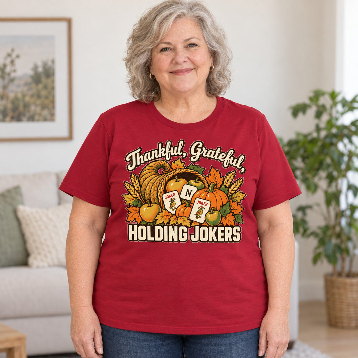 Thankful, Grateful, Holding Jokers mahjong T-shirt in Cardinal Red, worn by Debra. Debra is 5′4″ and wears her usual size 2XL. [bb c=cardinal-red r=body2]