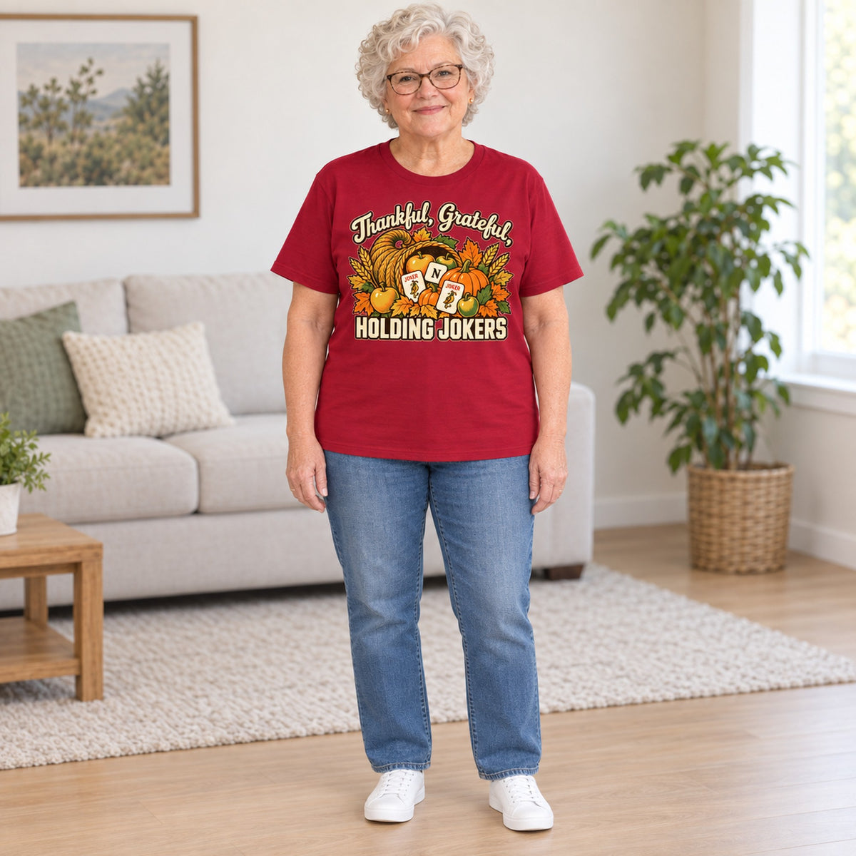 Thankful, Grateful, Holding Jokers mahjong T-shirt in Cardinal Red, full length, worn by Barbara. Barbara is 5′5″ and wears her usual size L. [bb c=cardinal-red r=fit]