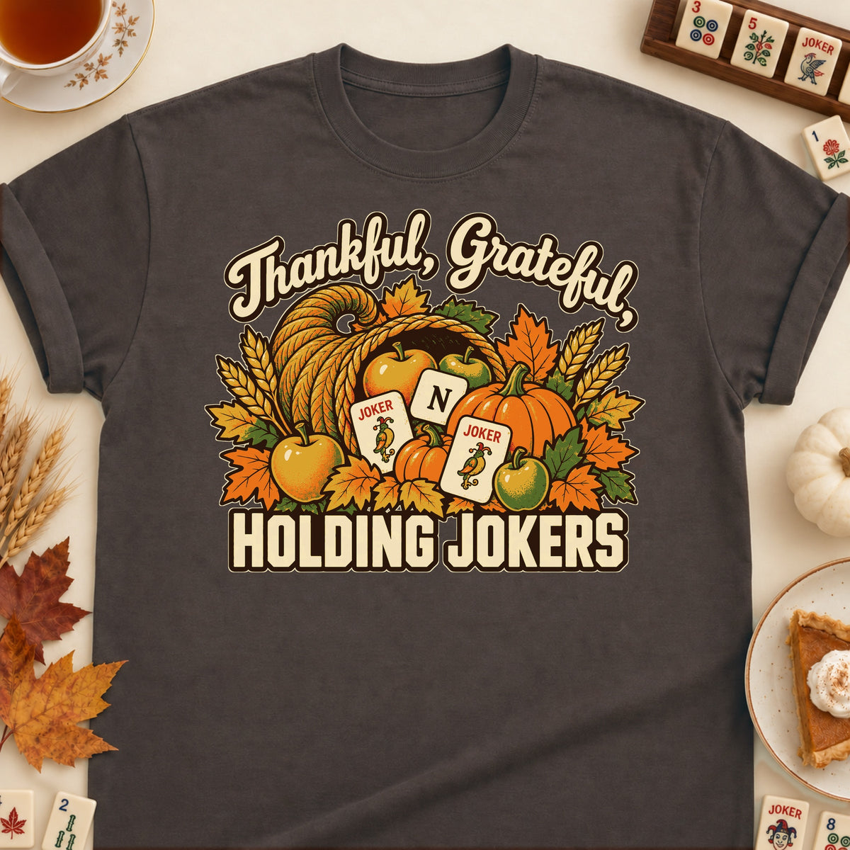 Thankful, Grateful, Holding Jokers mahjong T-shirt in Dark Chocolate, laid flat. [bb c=dark-chocolate r=flat]