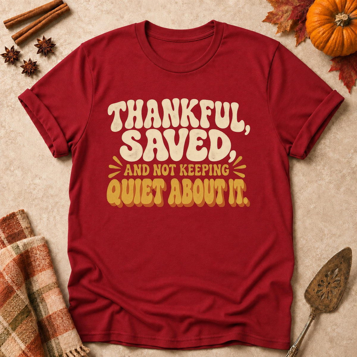 Not Keeping Quiet About It faith T-shirt in Cardinal Red, laid flat. [bb c=cardinal-red r=flat]