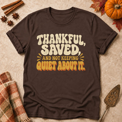 Not Keeping Quiet About It faith T-shirt in Dark Chocolate, laid flat. [bb c=dark-chocolate r=flat]