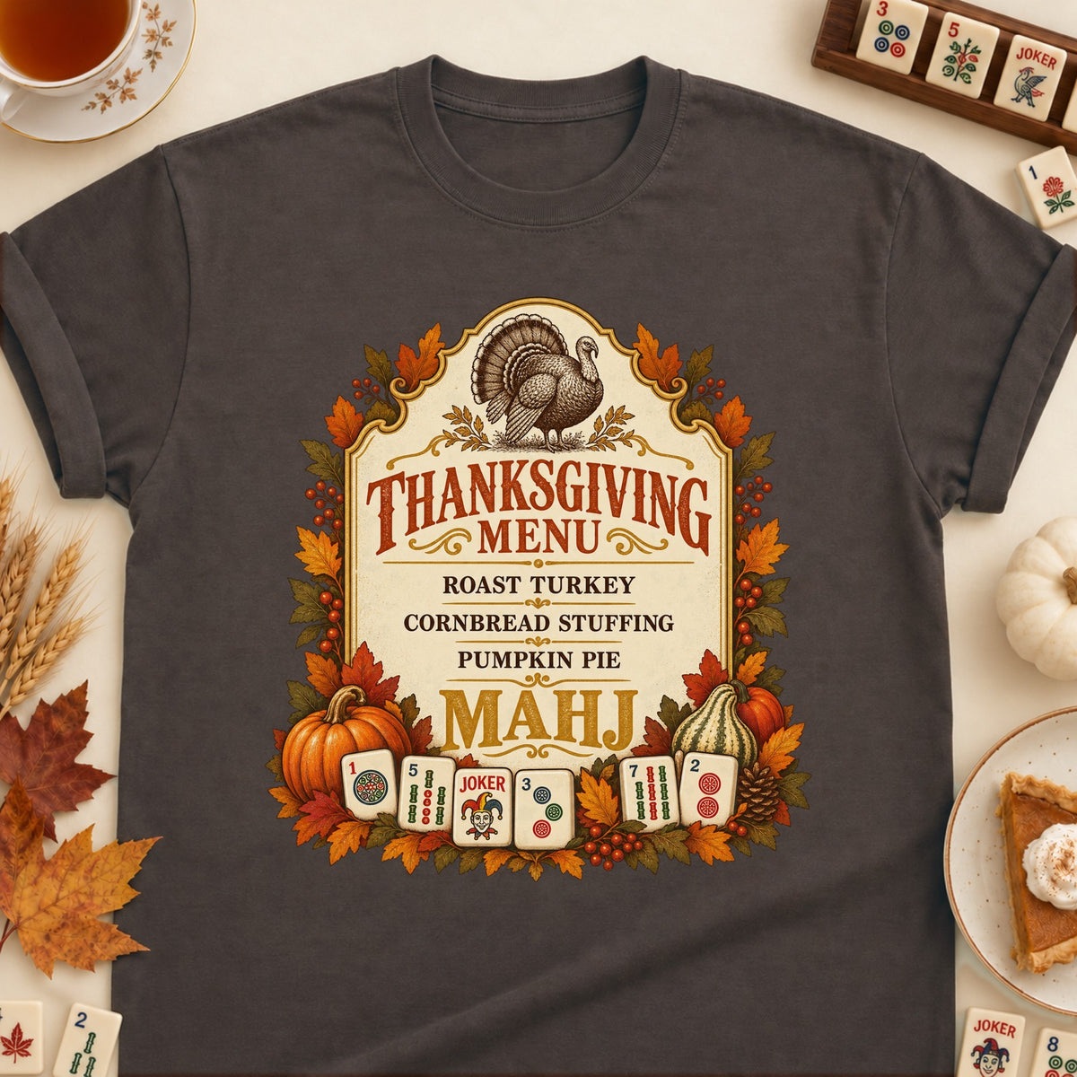 Thanksgiving Menu mahjong T-shirt in Dark Chocolate, laid flat. [bb c=dark-chocolate r=flat]