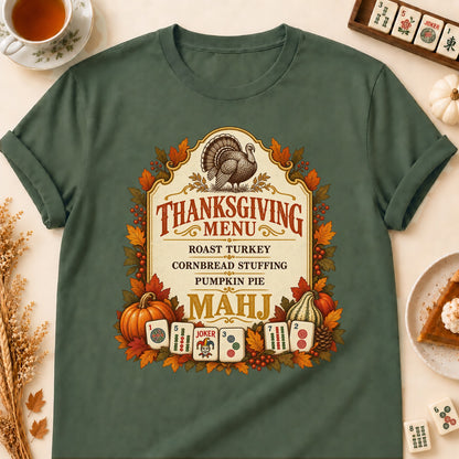 Thanksgiving Menu mahjong T-shirt in Military Green, laid flat. [bb c=military-green r=flat]