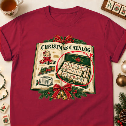 Christmas Catalog mahjong T-shirt in Cardinal Red, laid flat. [bb c=cardinal-red r=flat]