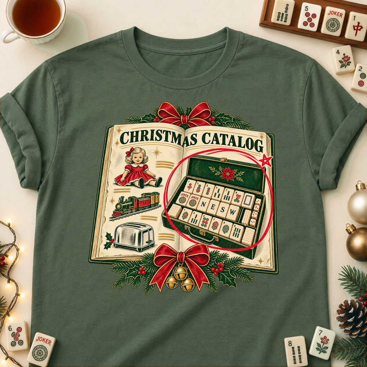 Christmas Catalog mahjong T-shirt in Military Green, laid flat. [bb c=military-green r=flat]