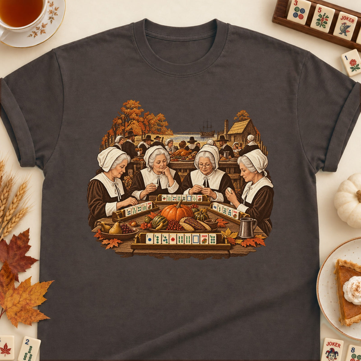 First Mahj Group mahjong T-shirt in Dark Chocolate, laid flat. [bb c=dark-chocolate r=flat]
