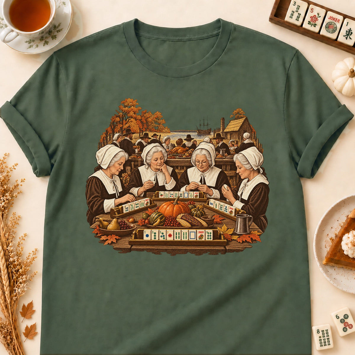 First Mahj Group mahjong T-shirt in Military Green, laid flat. [bb c=military-green r=flat]