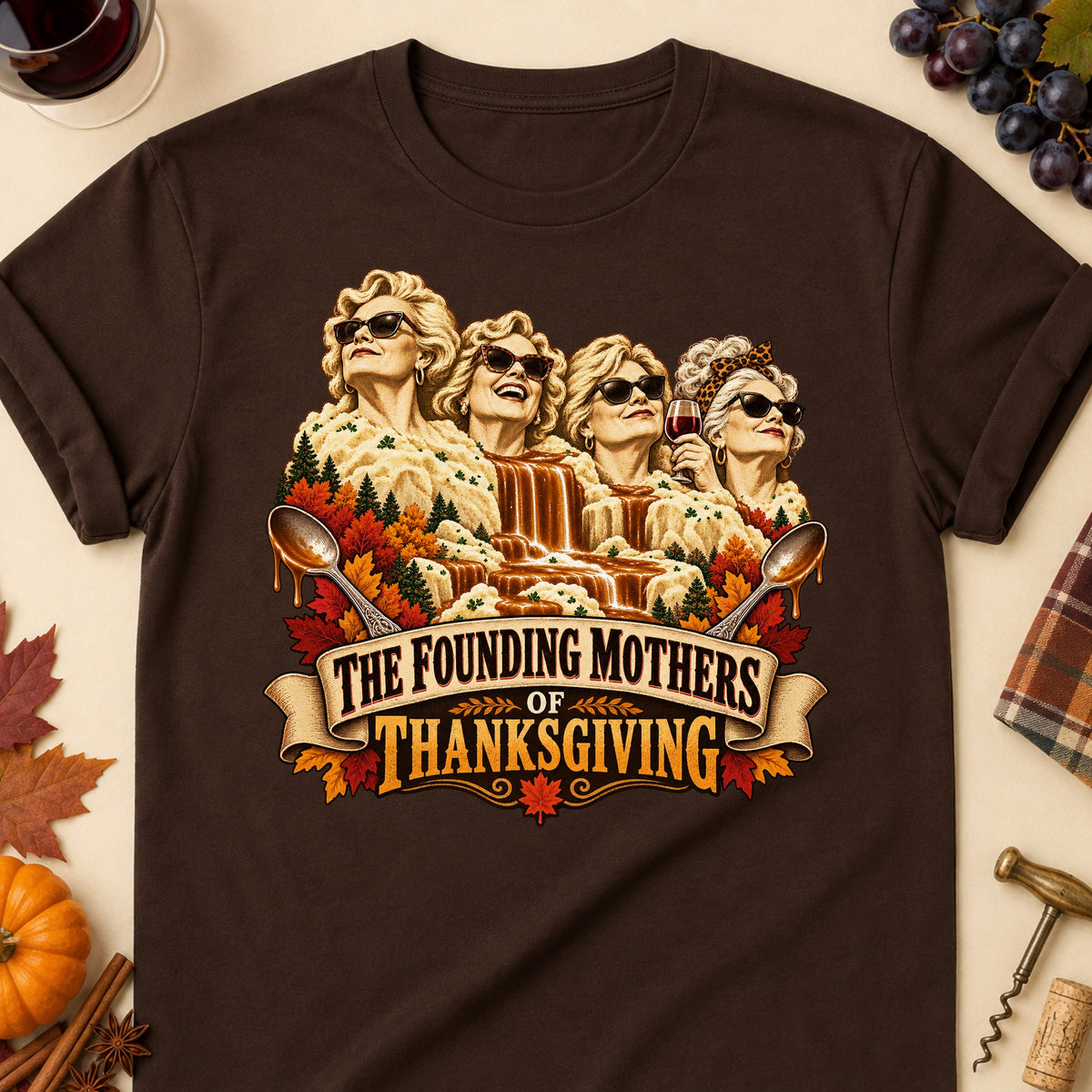 The Founding Mothers Of Thanksgiving Colored Print T-Shirt - Dark Chocolate - Brooke & Belle