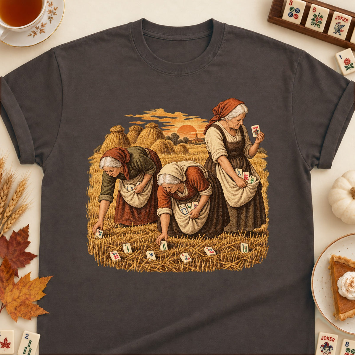 Gleaners mahjong T-shirt in Dark Chocolate, laid flat. [bb c=dark-chocolate r=flat]