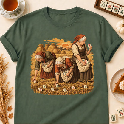 Gleaners mahjong T-shirt in Military Green, laid flat. [bb c=military-green r=flat]