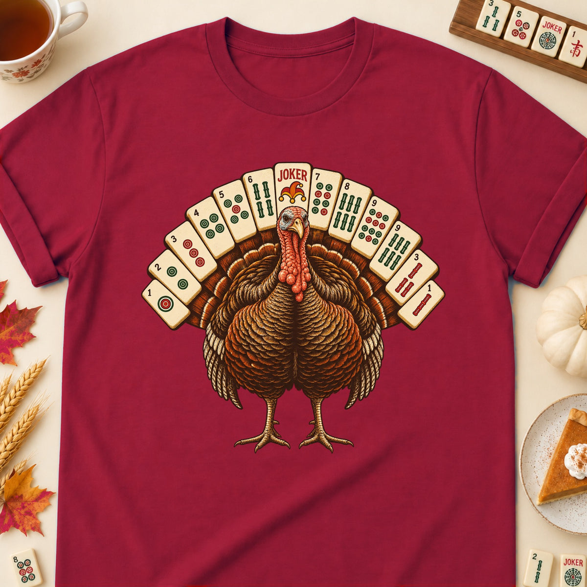 Mahjong turkey T-shirt in Cardinal Red, laid flat. [bb c=cardinal-red r=flat]