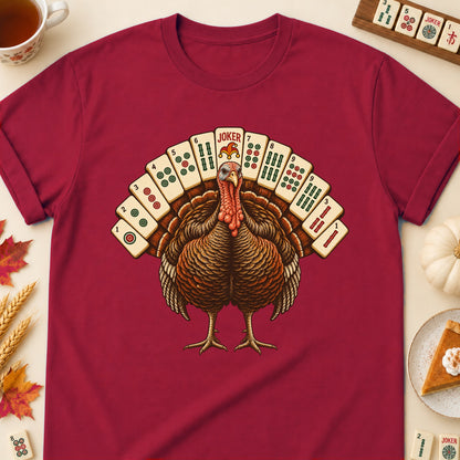 Mahjong turkey T-shirt in Cardinal Red, laid flat. [bb c=cardinal-red r=flat]