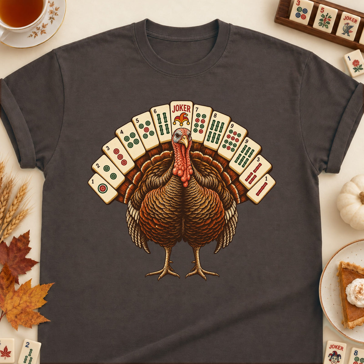 Mahjong turkey T-shirt in Dark Chocolate, laid flat. [bb c=dark-chocolate r=flat]