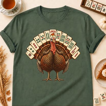Mahjong turkey T-shirt in Military Green, laid flat. [bb c=military-green r=flat]