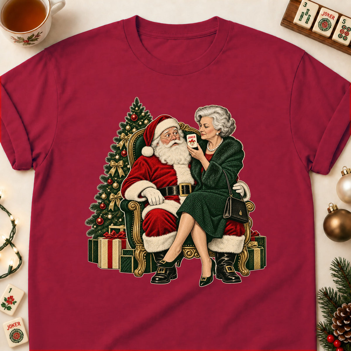 Santa Photo mahjong T-shirt in Cardinal Red, laid flat. [bb c=cardinal-red r=flat]