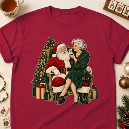 Santa Photo mahjong T-shirt in Cardinal Red, laid flat. [bb c=cardinal-red r=flat]