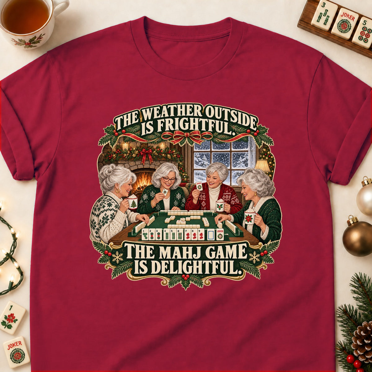 Weather Outside Is Frightful mahjong T-shirt in Cardinal Red, laid flat. [bb c=cardinal-red r=flat]