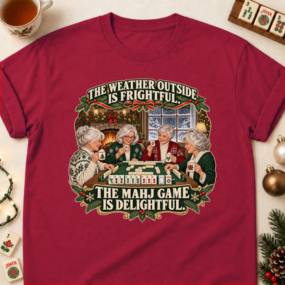 Weather Outside Is Frightful mahjong T-shirt in Cardinal Red, laid flat. [bb c=cardinal-red r=flat]