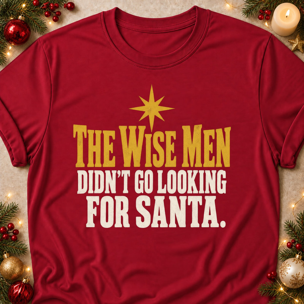 The Wise Men Didn't Look For Santa faith T-shirt in Cardinal Red, laid flat. [bb c=cardinal-red r=flat]