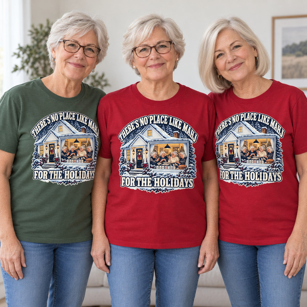 No Place Like Mahj For The Holidays mahjong T-shirt worn by three friends. Friends are wearing M, L and XL. [bb c=all r=friends]