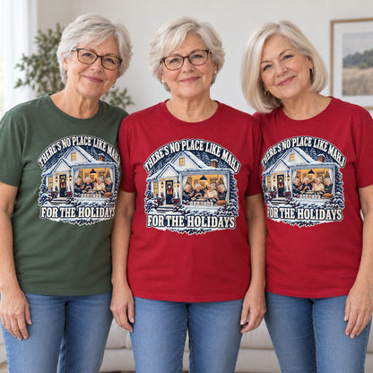 No Place Like Mahj For The Holidays mahjong T-shirt worn by three friends. Friends are wearing M, L and XL. [bb c=all r=friends]