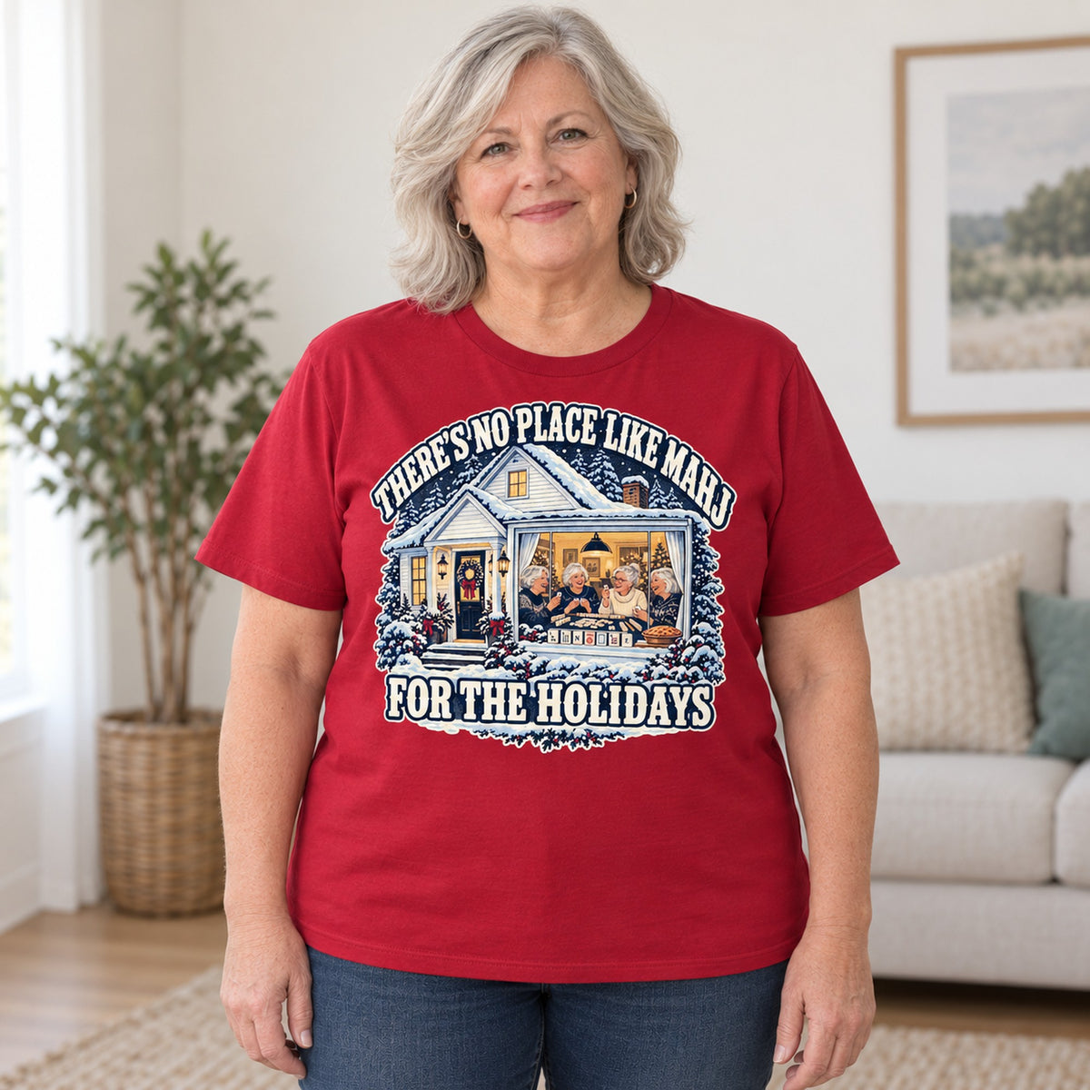 No Place Like Mahj For The Holidays mahjong T-shirt in Cardinal Red, worn by Debra. Debra is 5′4″ and wears her usual size 2XL. [bb c=cardinal-red r=body2]