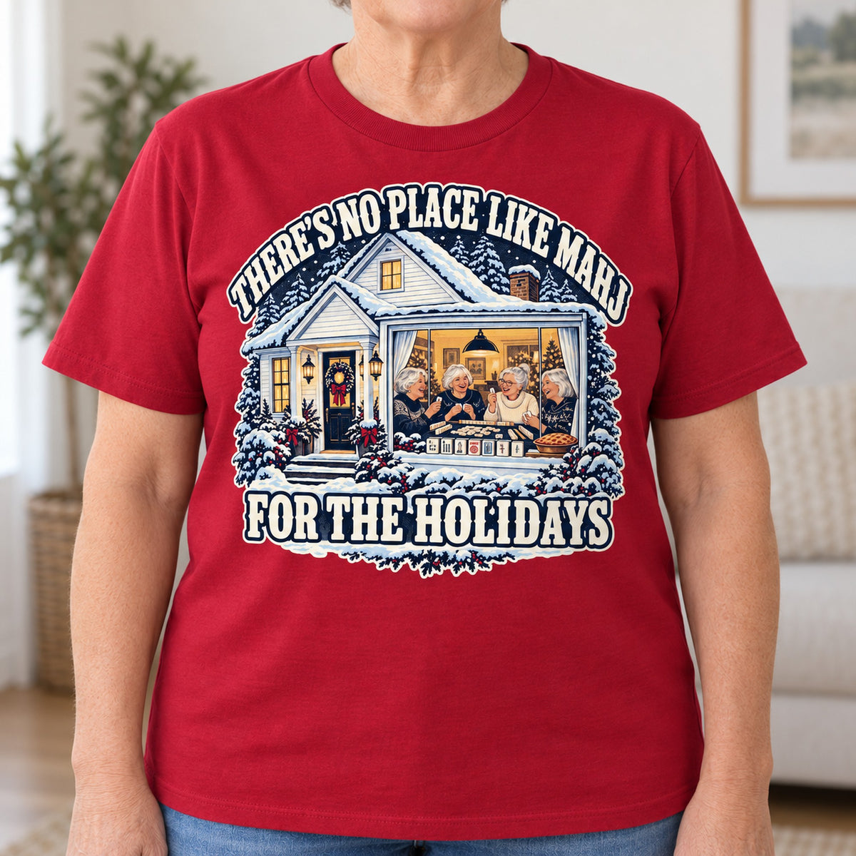 No Place Like Mahj For The Holidays mahjong T-shirt in Cardinal Red, close-up of the print, worn by Carolyn. Carolyn is 5′5″ and wears her usual size L. [bb c=cardinal-red r=close]