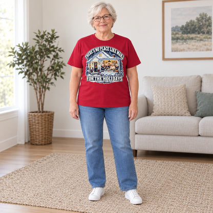 No Place Like Mahj For The Holidays mahjong T-shirt in Cardinal Red, full length, worn by Carolyn. Carolyn is 5′5″ and wears her usual size L. [bb c=cardinal-red r=fit]