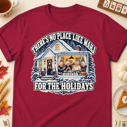 No Place Like Mahj For The Holidays mahjong T-shirt in Cardinal Red, laid flat. [bb c=cardinal-red r=flat]