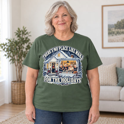 No Place Like Mahj For The Holidays mahjong T-shirt in Military Green, worn by Debra. Debra is 5′4″ and wears her usual size 2XL. [bb c=military-green r=body2]