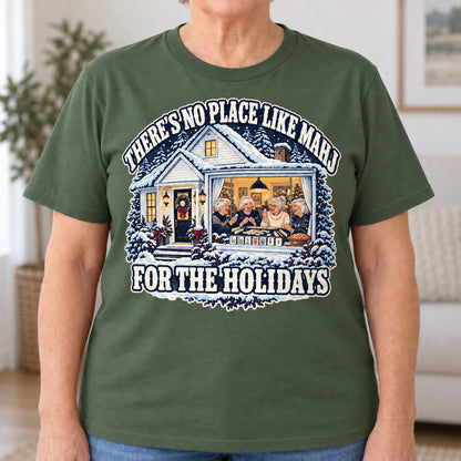 No Place Like Mahj For The Holidays mahjong T-shirt in Military Green, close-up of the print, worn by Carolyn. Carolyn is 5′5″ and wears her usual size L. [bb c=military-green r=close]