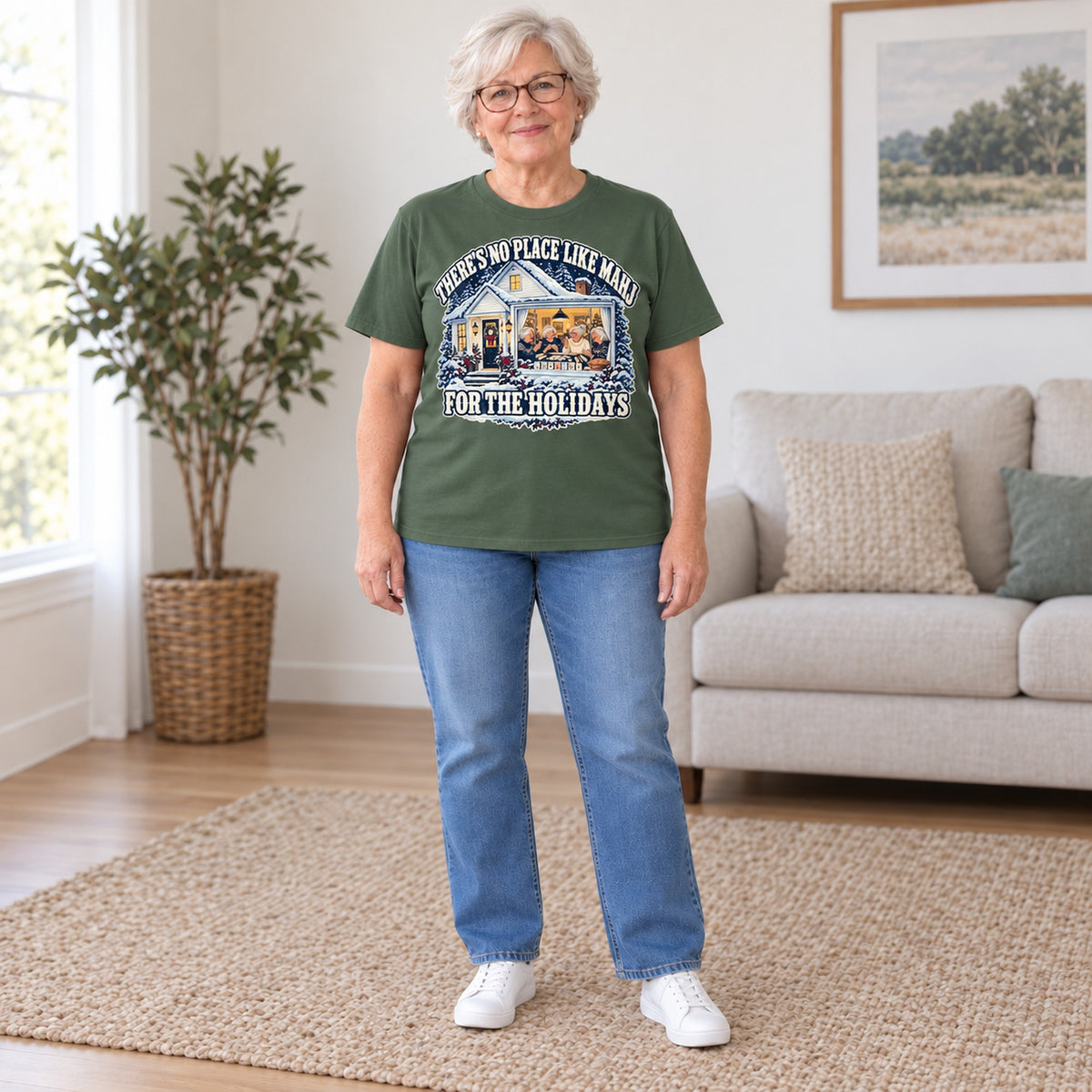 No Place Like Mahj For The Holidays mahjong T-shirt in Military Green, full length, worn by Carolyn. Carolyn is 5′5″ and wears her usual size L. [bb c=military-green r=fit]