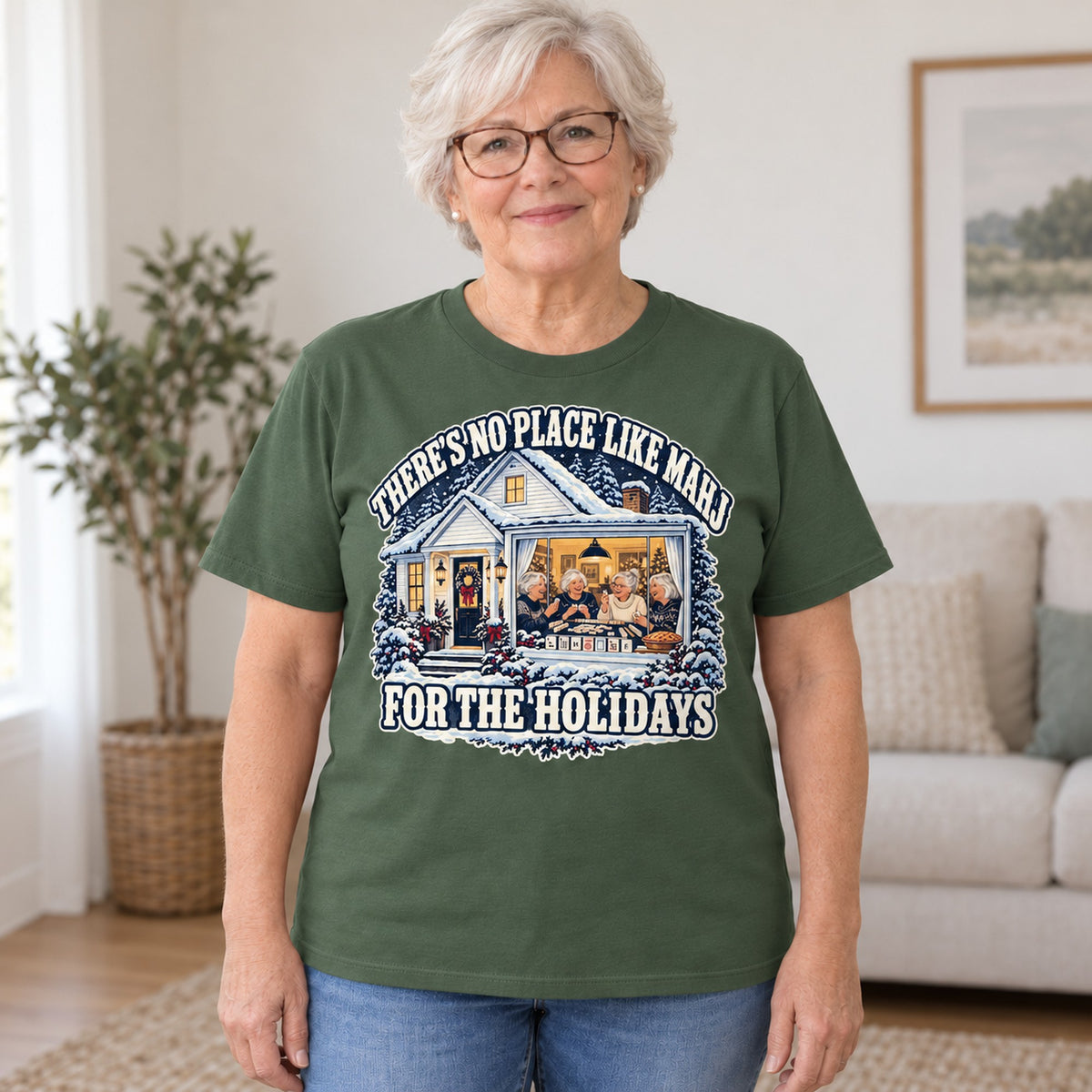 No Place Like Mahj For The Holidays mahjong T-shirt in Military Green, worn by Carolyn. Carolyn is 5′5″ and wears her usual size L. [bb c=military-green r=hero]