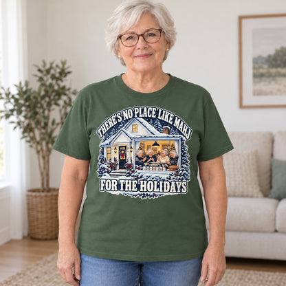 No Place Like Mahj For The Holidays mahjong T-shirt in Military Green, worn by Carolyn. Carolyn is 5′5″ and wears her usual size L. [bb c=military-green r=hero]