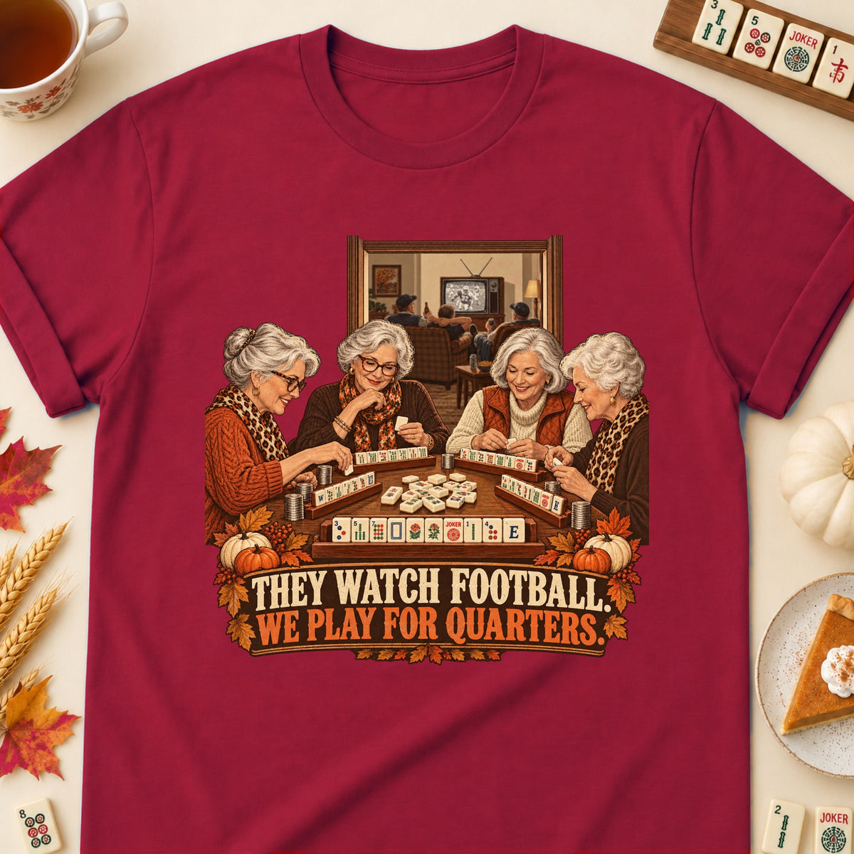 We Play For Quarters mahjong T-shirt in Cardinal Red, laid flat. [bb c=cardinal-red r=flat]