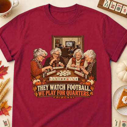 We Play For Quarters mahjong T-shirt in Cardinal Red, laid flat. [bb c=cardinal-red r=flat]
