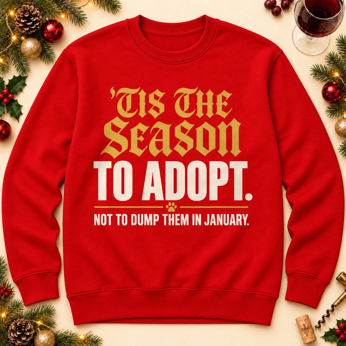 'Tis The Season To Adopt sweatshirt in Red, laid flat. [bb c=red r=flat]