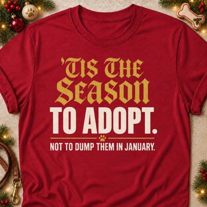 Not To Dump Them In January dog mom T-shirt in Cardinal Red, laid flat. [bb c=cardinal-red r=flat]